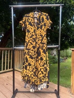 Corey Lynn Calter Mustard Black Animal Print Button Midi Dress With Packets